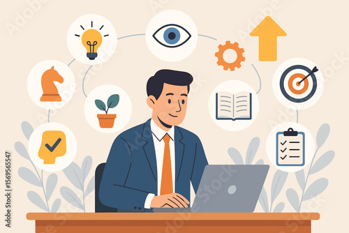 Personal growth concept. Businessman with laptop developing skills for career success. Icons for training, learning, vision, strategy, goals, motivation and planning. Vector illustration.