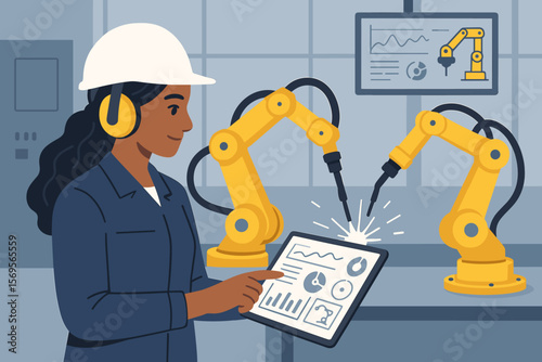 Woman engineer controlling robotic arms in a smart factory. Industrial automation and manufacturing production. Female worker with tablet monitoring welding robots. Industry 4.0.