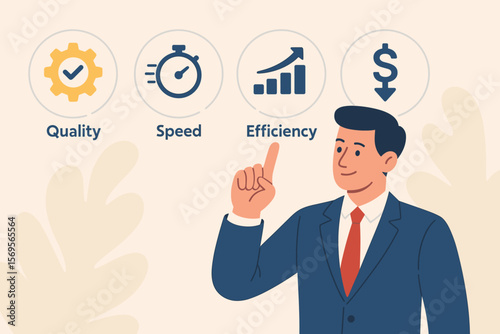 Business performance management concept. Quality, speed, efficiency, cost reduction strategy. Work optimization, productivity, growth. Businessman pointing to icons. Flat vector.