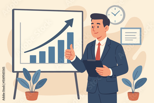 Project approval concept. Businessman analyzing business growth chart with thumbs up. Corporate success presentation. Manager with positive financial data report. Vector.