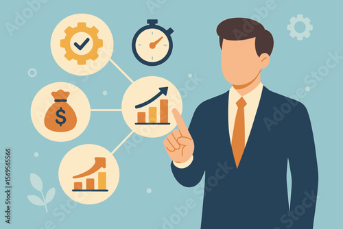 Business performance management concept with key metrics. Businessman pointing at icons for quality, speed, cost, and efficiency. Growth strategy and optimization vector illustration.
