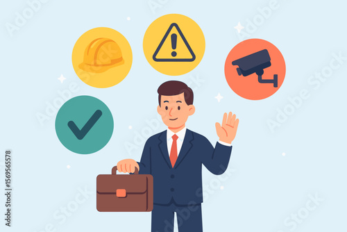 Work safety concept with businessman and icons. Safety first symbols: hard hat, caution, surveillance camera, check mark. Hazard prevention, risk management, zero accident goal vector.