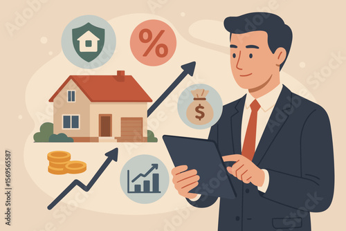 Real estate investment concept. Businessman analyzes mortgage loan, home insurance. Property mortgage, interest rate, investment planning for business growth. Financial analysis.