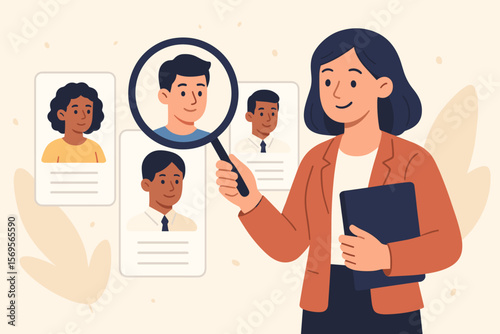 Recruitment process concept. Human resources manager choosing a candidate for a job vacancy. HR professional searching for a new employee with a magnifying glass. Hiring and headhunting.