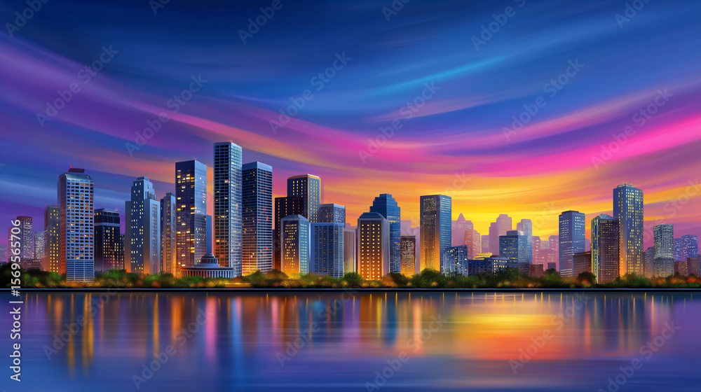 Fototapeta premium Vibrant city skyline illuminated by sunset with colorful clouds above. Reflections on calm water create a serene atmosphere. Concept of urban development, city lifestyle, thriving community