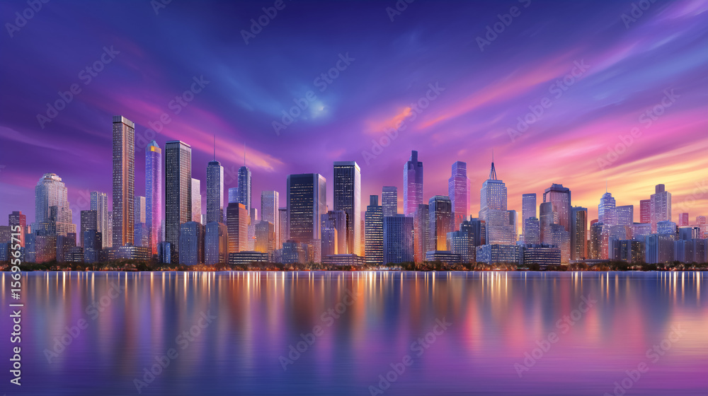 Obraz premium Colorful city skyline showcases tall buildings against stunning sunset. Calm water reflects vibrant hues, creating serene atmosphere. Concept of urban landscape, architecture, tourism