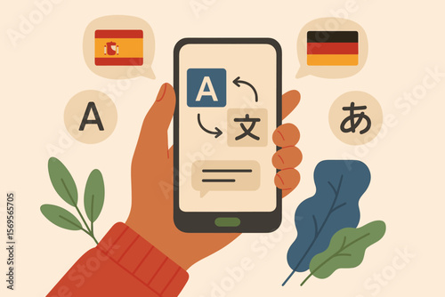 Mobile Translator App Language Learning Concept. Hand Holding Smartphone with Translation Interface, Speech Bubbles, Flags, Multilingual Communication, Education, Modern Flat Vector Illustration