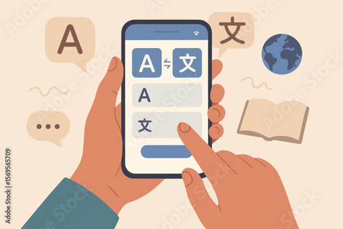 Mobile Translator App for Language Learning and Communication. Hand Using Smartphone Translation Application. Global Education, Multilingual Communication, Foreign Language Study, Modern Flat Vector