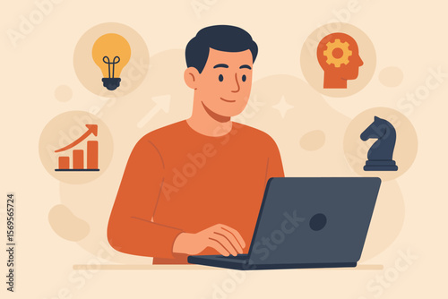 Upskilling and Personal Development Concept. Human Resource Growth, Leadership Thinking, Competency, Creativity, Problem Solving. Man Using Laptop, Innovation, Strategy, Career Success