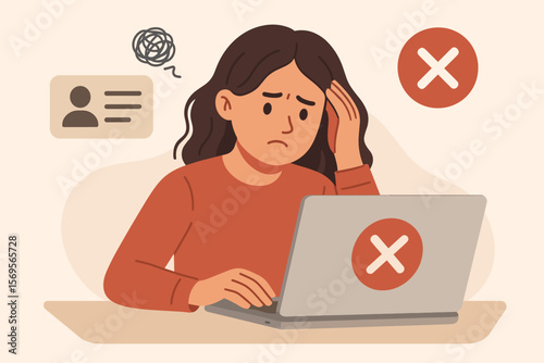 KYC Verification Failed Concept. Frustrated User at Laptop. Identity Verification Rejected. Online Account Access Denied. Error Message. Digital Security. Modern Flat Vector Illustration