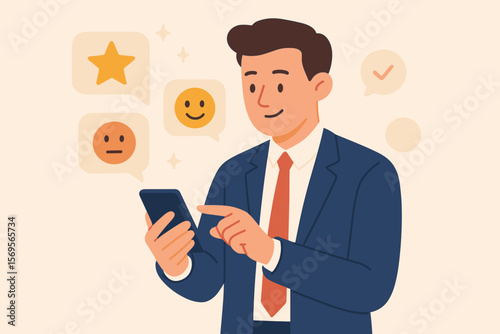 Businessman Using Smartphone for Customer Feedback and Review, User Experience Rating, Online Survey, Satisfaction Evaluation, Modern Flat Vector Illustration