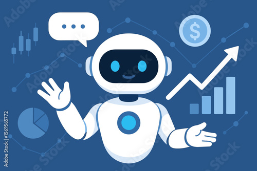 Friendly AI Virtual Assistant Robot Analyzing Stock Market Data, Financial Growth, Investment Chart, Money Symbol, Modern Flat Vector Illustration, Business Technology, Finance Automation