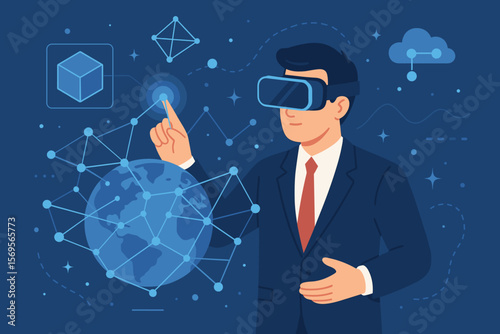 Businessman in VR headset interacts with metaverse interface. Concept of global business, future technology, blockchain, cloud computing, and digital network. Virtual reality experience.