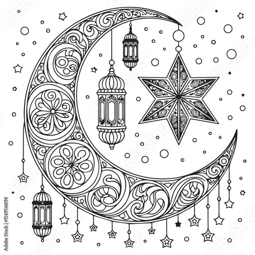 Intricate black and white crescent moon with hanging lanterns and stars surrounded by scattered circles and small stars