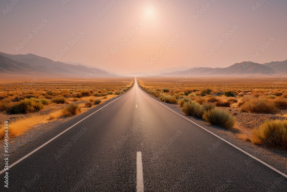 Naklejka premium Expansive desert road stretches into the horizon under a warm sunset, surrounded by golden grasses and distant mountains