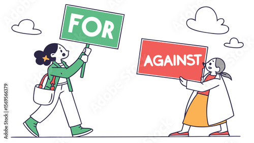 Two young women walking in opposite directions, holding signs; one reads "FOR," the other "AGAINST," representing opposing viewpoints in a modern, minimalist, and slightly humorous illustration style.