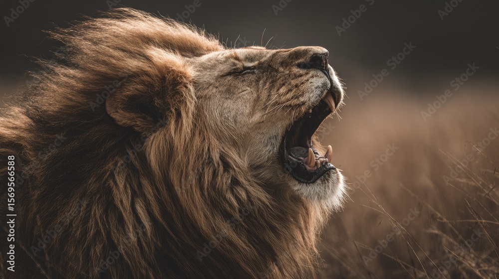 Naklejka premium close-up of lion roaring with mane blowing, color tones: golden tawny, dark brown, and savannah tan