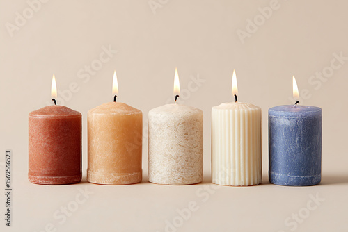 lineup of five lighted candles in assortment of colors against soft background