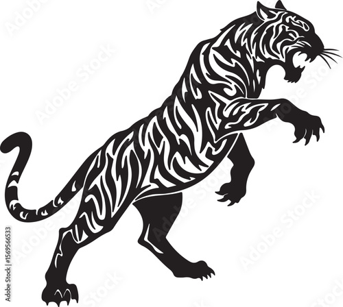 Stylized tribal tiger silhouette, sharp angular patterns, aggressive stance, abstract claws and tail, black ink design on white background, tattoo style Adobe Illustrator Artwork