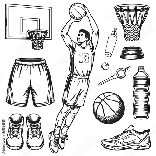 Basketball player in action with ball and hoop surrounded by sports equipment including shoes shorts water bottle and whistle