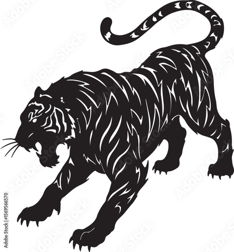 Stylized tribal tiger silhouette, sharp angular patterns, aggressive stance, abstract claws and tail, black ink design on white background, tattoo style Adobe Illustrator Artwork