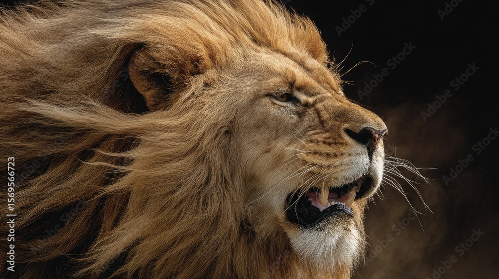 Naklejka premium close-up of lion roaring with mane blowing, color tones: golden tawny, dark brown, and savannah tan