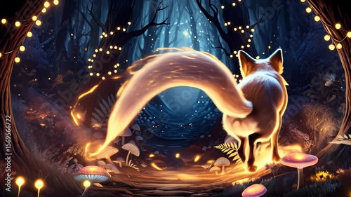 Mystical fox explores a glowing forest filled with magical mushrooms and enchanting lights at night