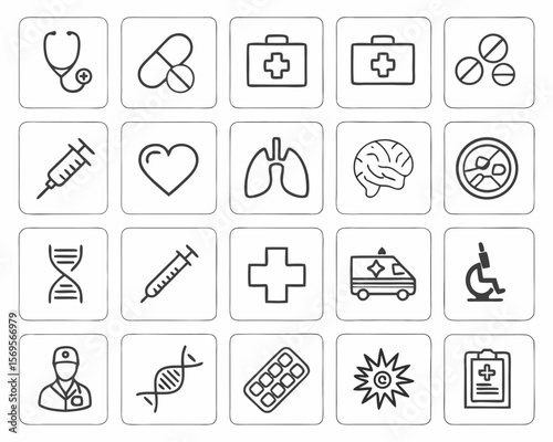 Medical and healthcare icons in outline style on white background