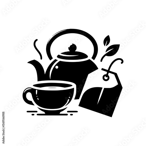 A black teapot, cup, and teabag isolated on white background