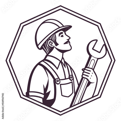 Retro Style Construction Worker Holding Wrench in Octagon Frame Illustration on white background