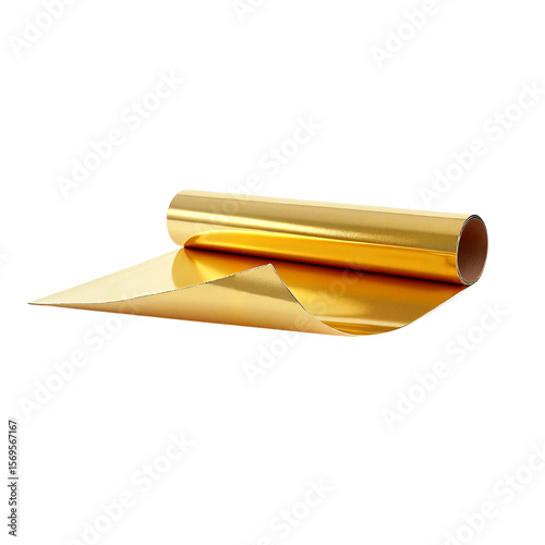 Roll of shiny gold wrapping paper unrolled on white background  
