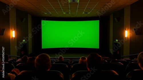 Audience watches film on green screen in dark movie theater interior.
