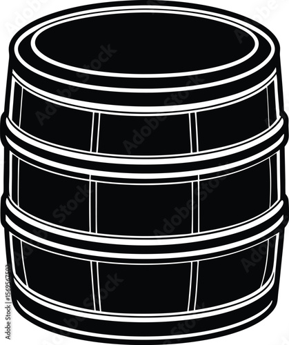 Monochrome illustration of a wooden barrel with white outline and black fill on white background
