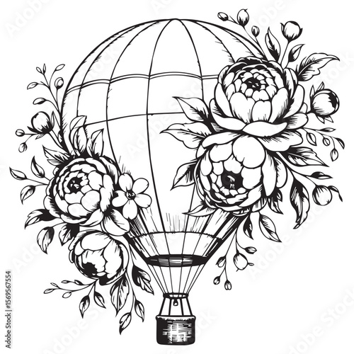 Elegant black and white line art hot air balloon adorned with delicate peonies and swirling floral vines