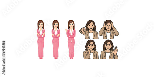 Print   Portrait of casual beautiful business woman showing negative emotions with different gestures set isolated vector illustration
