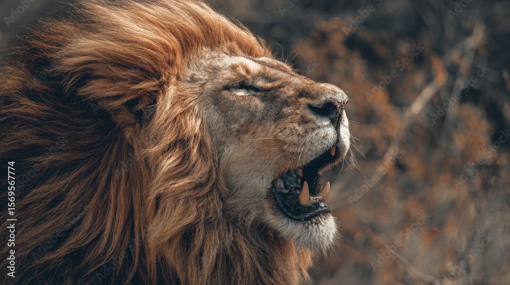 Naklejka premium close-up of lion roaring with mane blowing, color tones: golden tawny, dark brown, and savannah tan