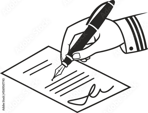 Hand signing a document with a fountain pen in line art style on white background