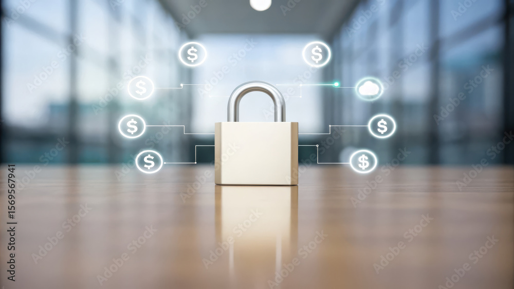 Fototapeta premium Digital wallet concept with padlock symbolizing security and financial protection in modern office setting