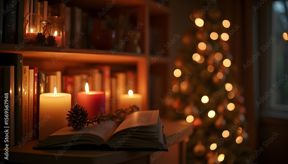 Cozy Christmas Scene with Lit Candles Open Book and Christmas Tree in Warm Lighting Cozy Christmas Scene with Lit Candles Open Book and Christmas Tree in Warm Lighting