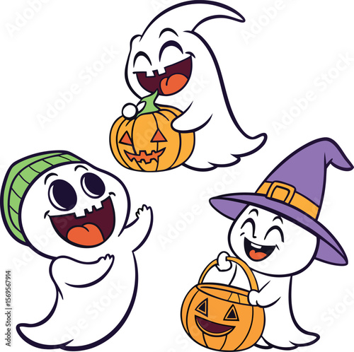 Halloween ghosts and pumpkins with evil smiles. Vector clip art illustration with simple gradients. Each on a separate layer.