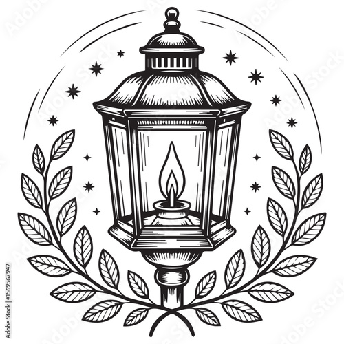 Vintage lantern with flame surrounded by laurel branches and stars in a graphic black and white illustration