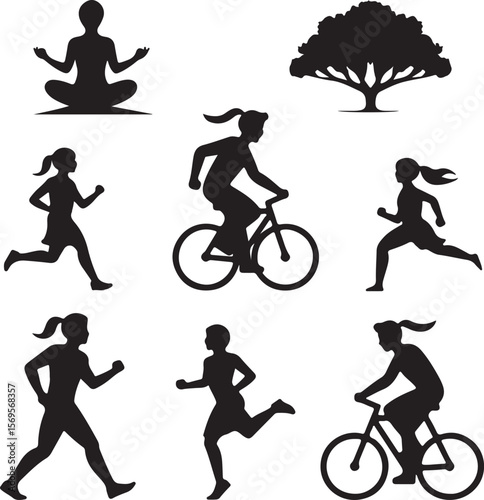 Silhouettes of people cycling running and meditating near a tree jogging