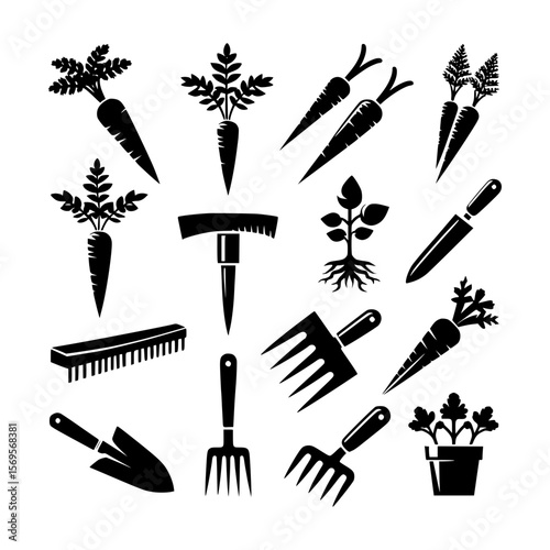 Black gardening tools and carrots isolated on white background