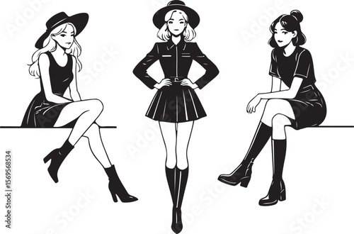 Three stylish women in black outfits and hats fashion dresses