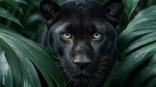 Black panther resting among lush green foliage in the jungle