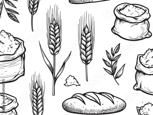 Wheat stalks bread and flour sacks grain