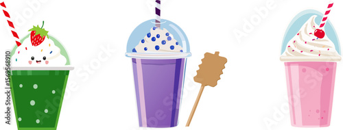 Three refreshing milkshakes with delightful toppings and straws, perfect for a sweet treat