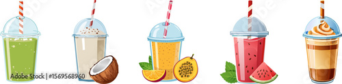 A row of refreshing smoothie drinks with different flavors and toppings, ready for a hot day. They are in clear cups with striped straws.