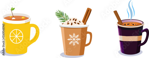 Variety of warm and comforting beverages, perfect for a cozy moment. The image features an array of drinks, each uniquely presented