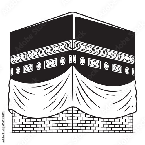 Stylized black and white illustration of the kaaba in mecca saudi arabia a sacred islamic structure featuring a brick base and decorative elements